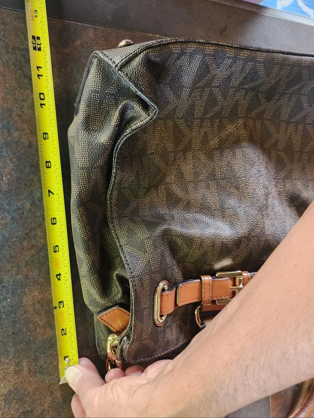 Michael Kors Dark Brown Signature Logo Satchel with Tan Trim